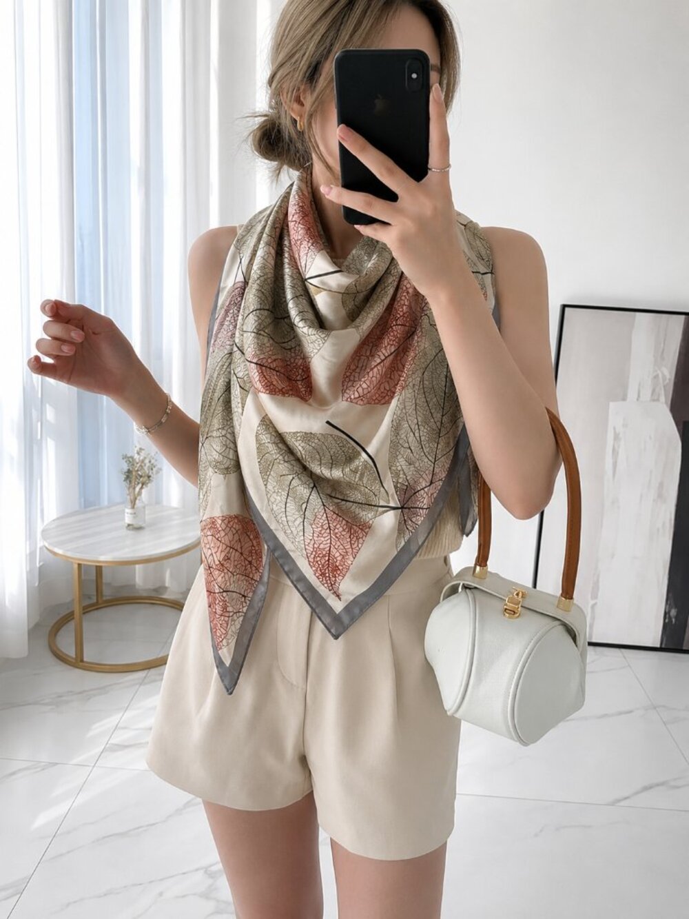 2/$30 NEW Gray Cream Leaf Printed Silky Fashion Scarf